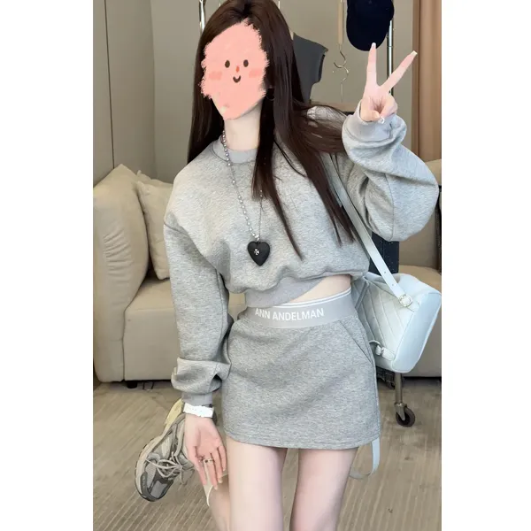 时尚休闲运动辣妹套装女2025春季新款宽松短款卫衣高腰半身裙套装