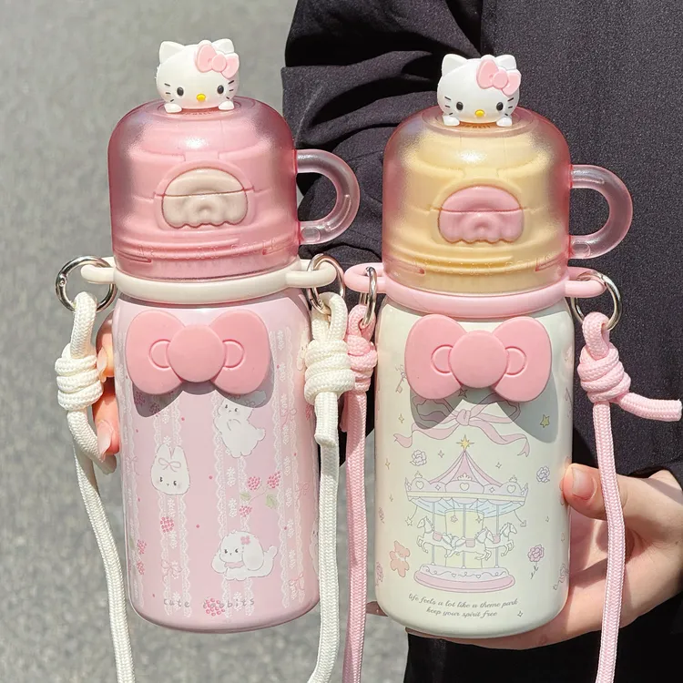 高颜值女生保温杯可爱卡通便携背带一盖三饮带吸管水杯316不锈钢