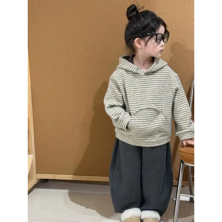 女童熊耳朵条纹连帽卫衣秋季2025新款韩版中小童舒适镰刀裤两件套