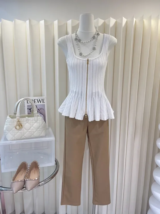 夏季俏皮收腰双头拉链小裙摆针织吊带背心女外穿时尚上衣