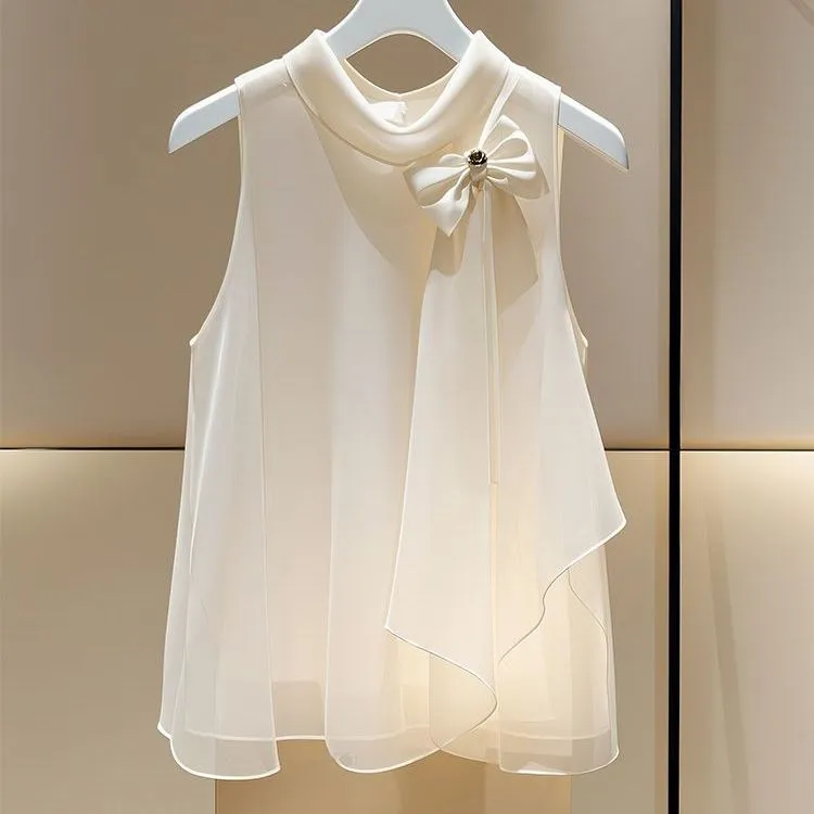 雪纺无袖衬衫上衣新款遮肚子小衫百搭气质法式蝴蝶结女套衬衣