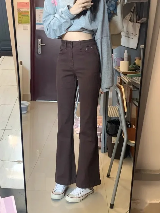 【现货+运费险】大码咖啡色微喇牛仔裤女秋高腰遮肉显瘦弹力喇叭裤