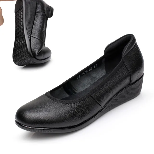 真皮女鞋黑色工作鞋女式平底鞋楔形跟圆头工作鞋软底休闲皮鞋尺码