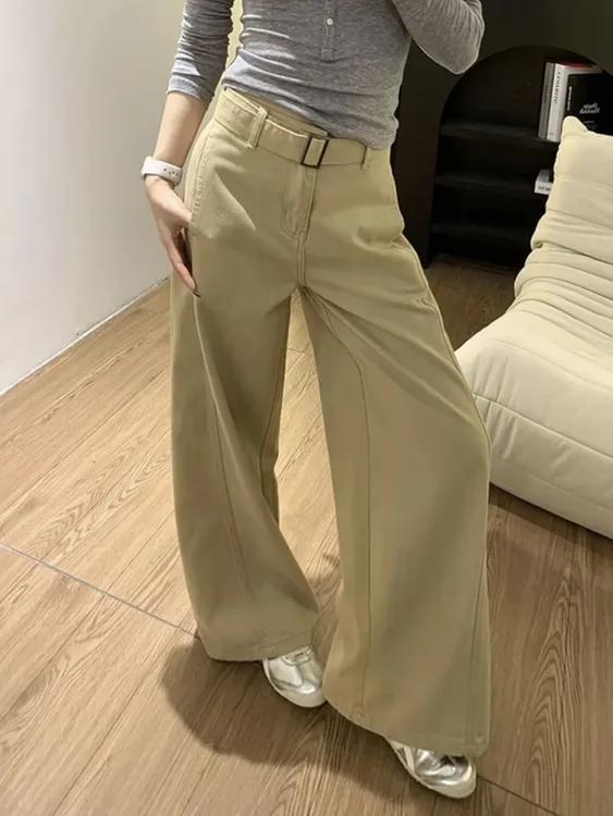 2025新款显瘦春装休闲直筒裤牛仔裤女阔腿裤卡其色高腰AM25887