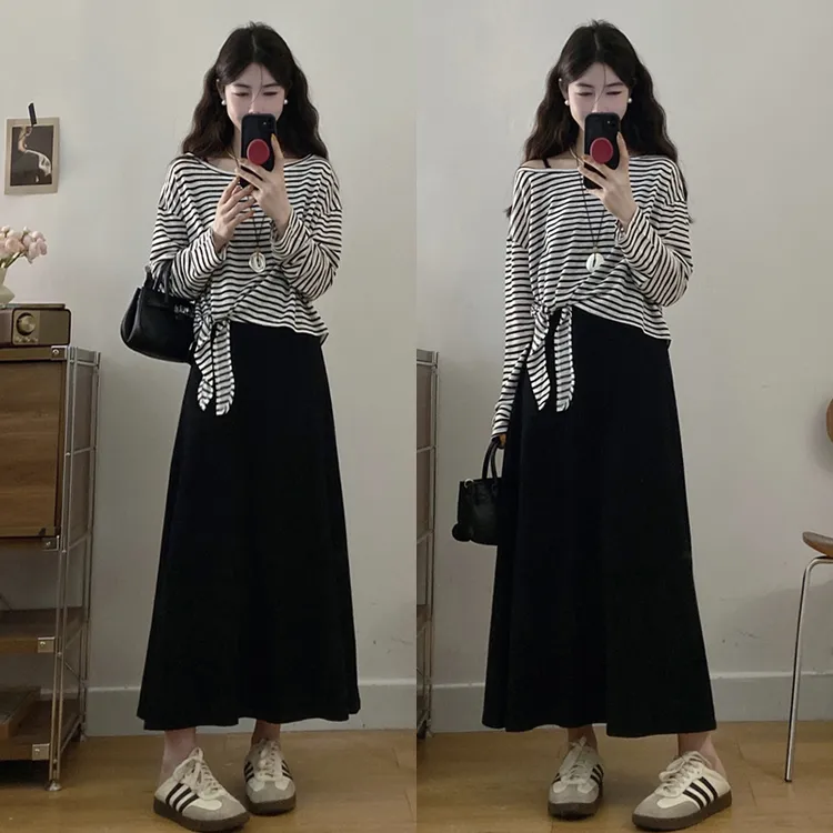 大码胖mm条纹冰丝感套头不规则防晒罩衫+吊带过膝长裙时尚两件套