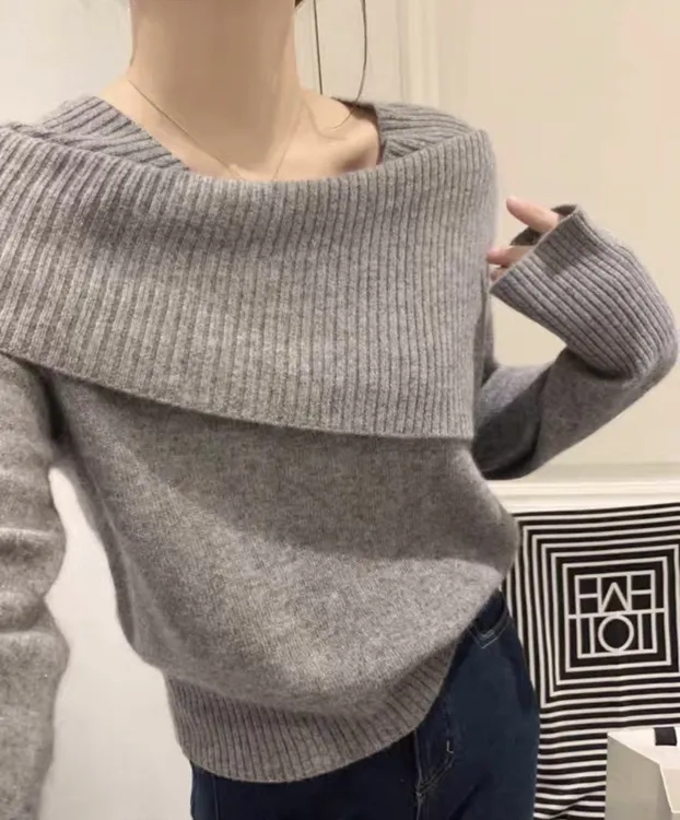 法式羊毛针织衫女2025春秋季新款女装韩版时尚一字肩翻领打底衫女