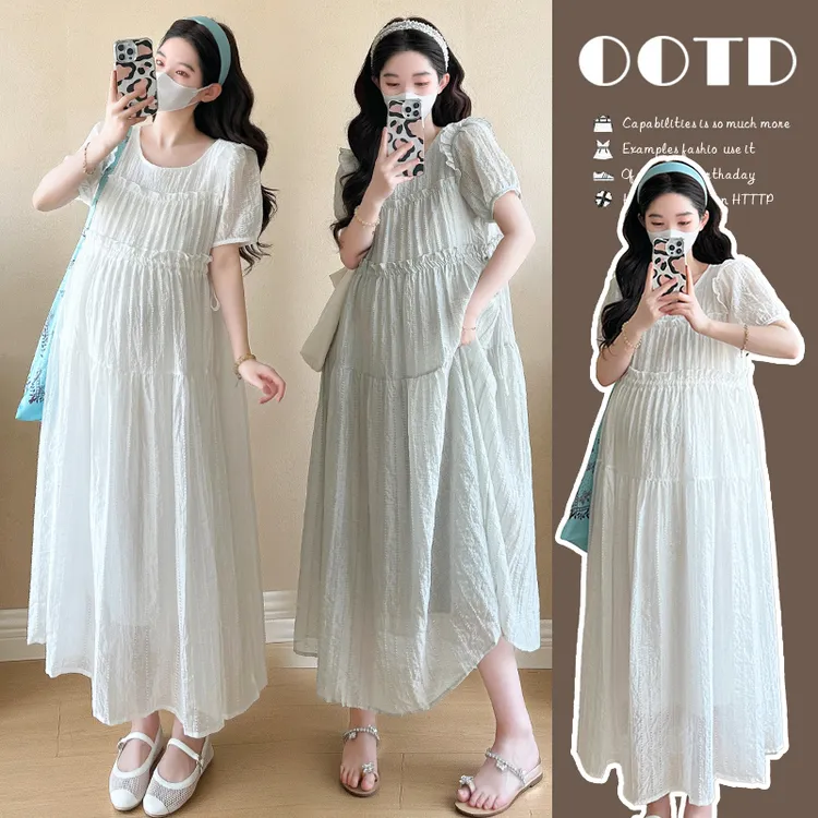 2025新款孕妇装连衣裙韩系甜美宽松大码孕期遮肚显瘦夏季法式长裙