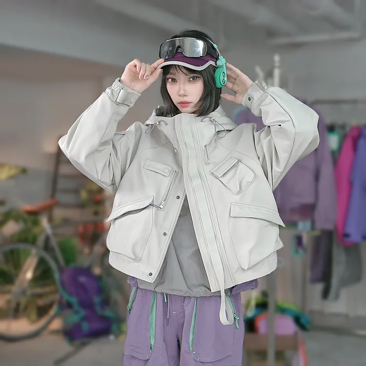 2661-Mountain Outdoor山系户外多口袋连帽百搭宽松加棉冲锋外套