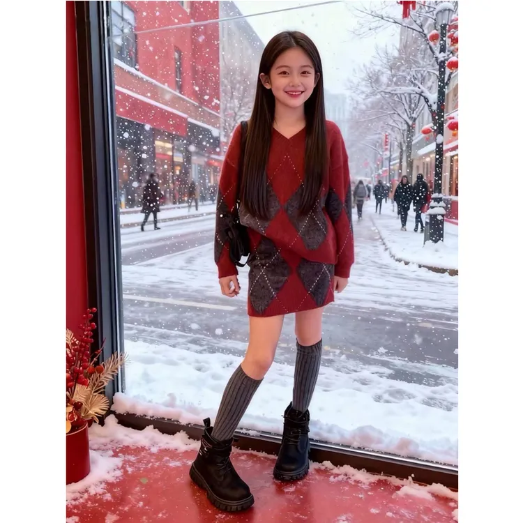 圣诞红色毛衣针织连衣裙子女童秋冬季2026新款儿童穿搭高级感套装