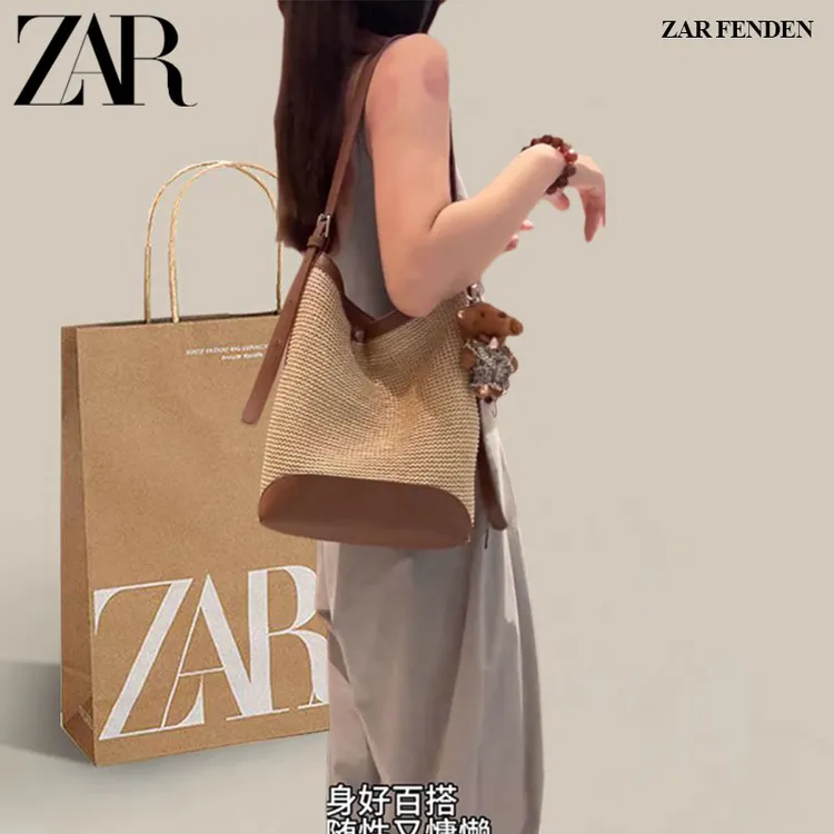 ZAR FENDEN夏季超火通勤水桶托特包女2025新款海边度假沙滩斜挎包