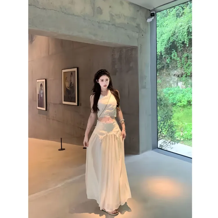 玉兰缪斯 夏季新款纯欲风复古蕾丝无袖背心上衣夏季显瘦长裙套装