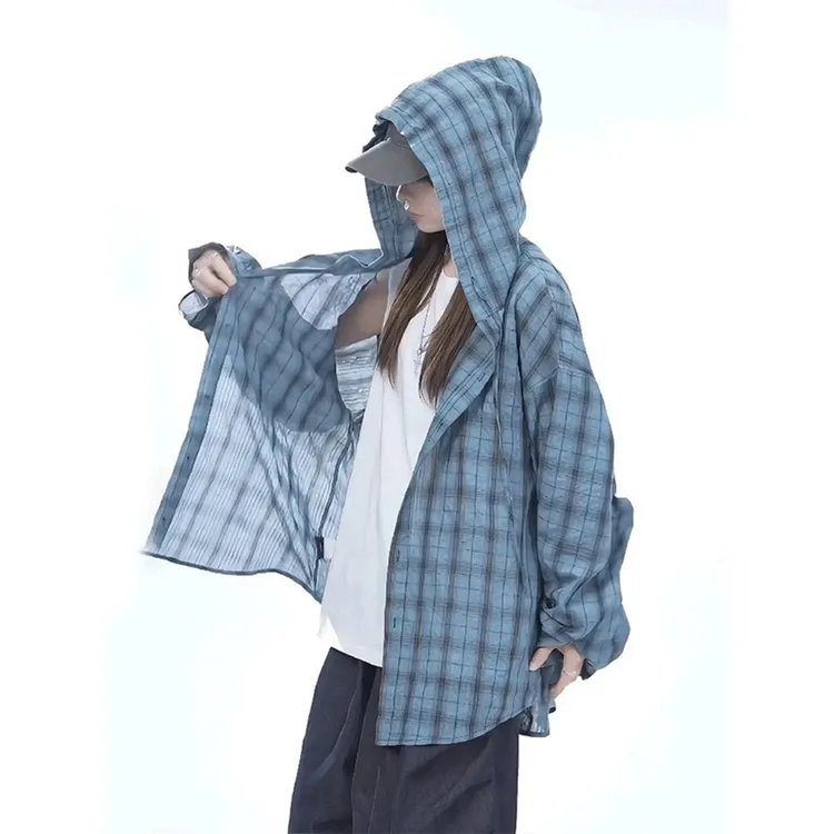 蓝色长袖防晒衣男女款夏季美式复古格子衬衫户外轻薄连帽情侣外套