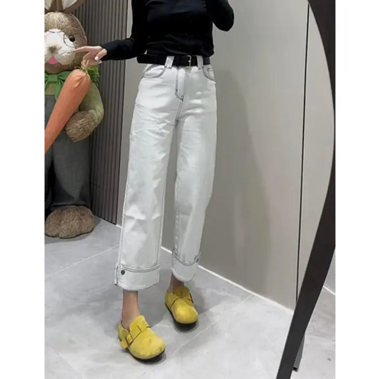 梨型身材穿搭2025春季新款大码高腰法棍牛仔裤女小个子显瘦直筒裤