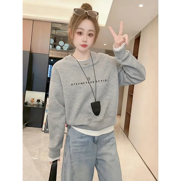 秋冬季新款小众设计百搭圆领高腰短款卫衣女加绒加厚套头上衣外套