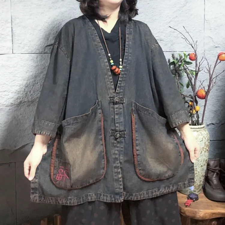 炒色牛仔福字大兜开衫袍-衣长72胸围160