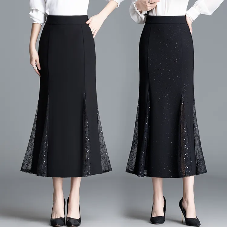 秋季新款蕾丝拼接中长款A字裙满天星高腰烫银鱼尾显瘦半身裙