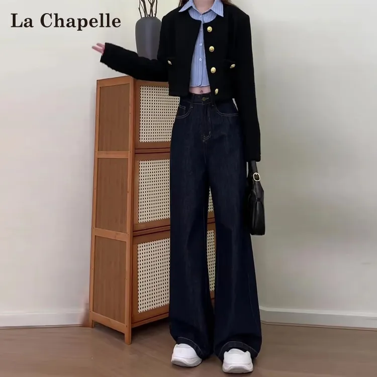 拉夏贝尔深蓝色阔腿牛仔裤女2025早秋小个子窄版丹宁垂感直筒裤子