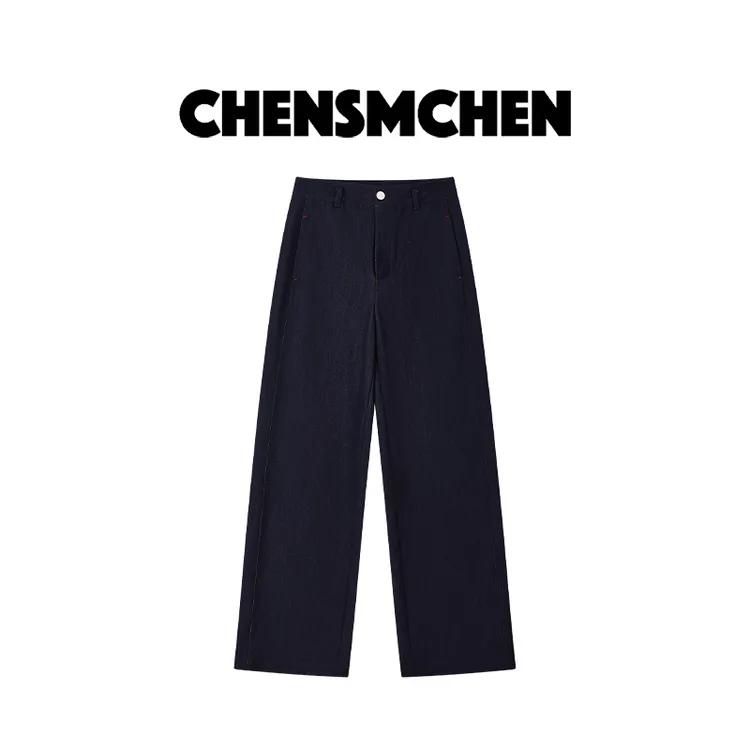 CHENSMCHEN 深蓝色高腰百搭直筒裤女时尚宽松显瘦休闲裤CSK7005WL