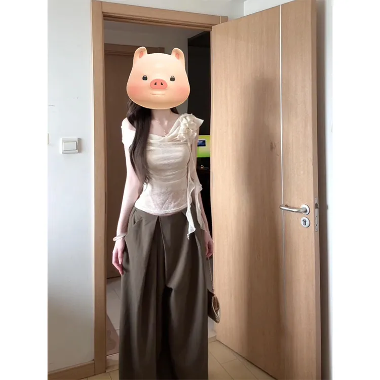 parkyeon夏季新款设计感飘带露肩上衣气质高腰显瘦阔腿休闲裤套装