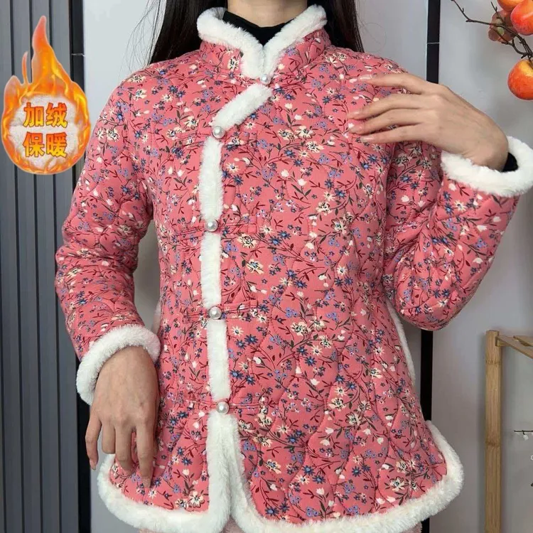 加绒加厚外套休闲服棉袄冬季保暖棉衣碎花新款风中国棉袄网红古风