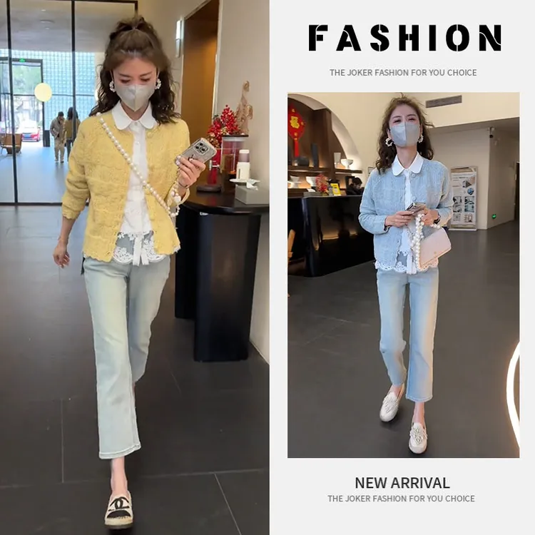早春一整套女装2025新款韩版温柔毛衣蕾丝百搭开衫直筒长裤三件套