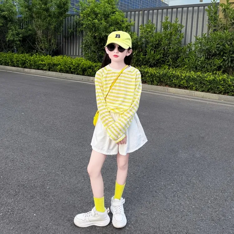 女童夏季防蚊长袖薄款海边度假防晒衣女宝宝宽松上衣短裤两件套潮