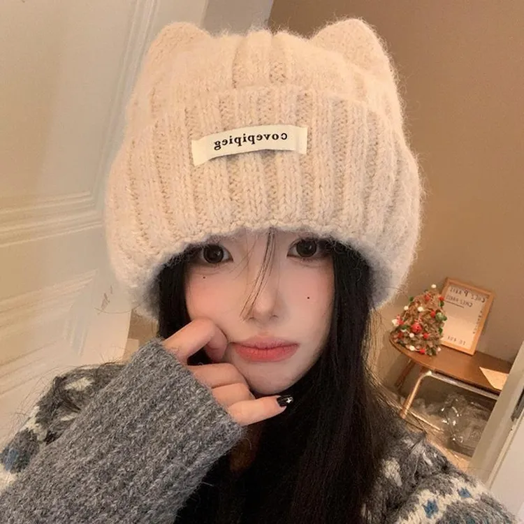 猫耳朵帽子女秋冬毛线帽大头围可爱保暖冷帽防寒护耳针织帽女款