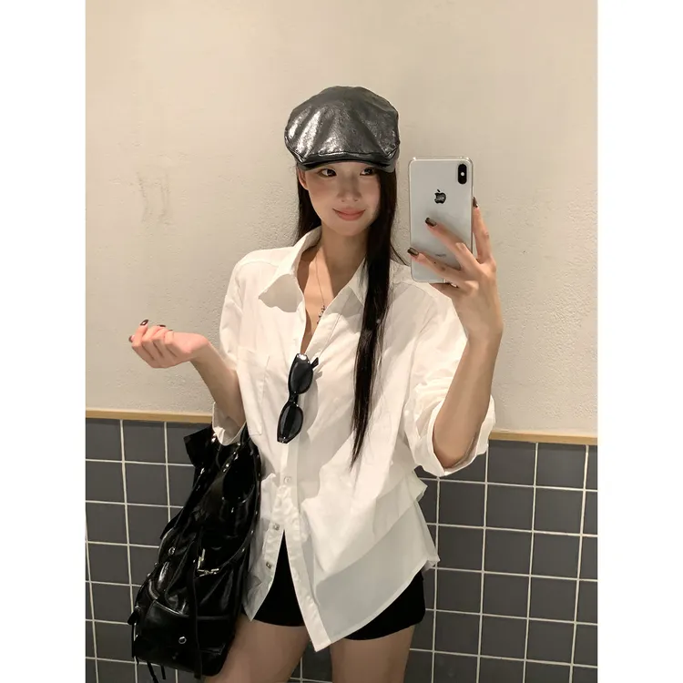 会凹造型的白衬衫早秋翻领泡泡袖收腰衬衫时尚休闲气质ol收腰小衫
