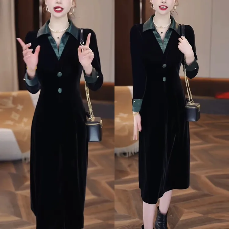 【衣雅严选】8088-1385新款重磅植绒拼接桑丝缎气质显瘦连衣裙