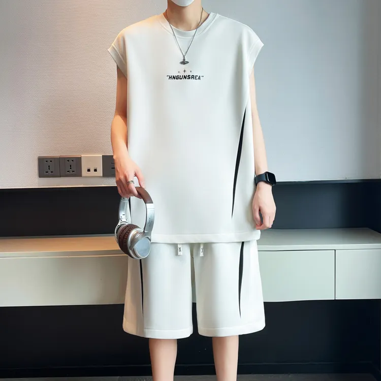 2025夏季新款青少年曼巴棉时尚设计撞色条纹短袖套装美式两件套