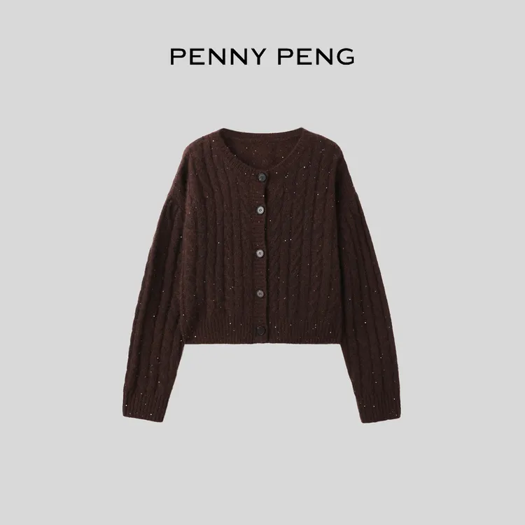 PENNYPENG 沙海漫步 复古浪漫绞花慵懒宽松圆领羊绒真丝针织开衫