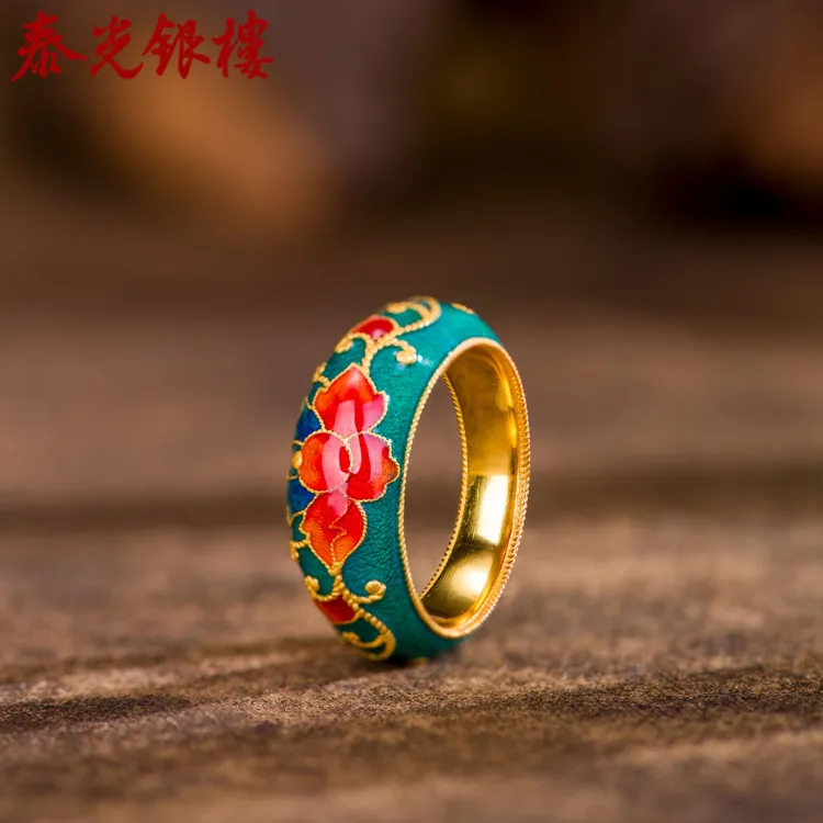 泰光银楼 足银珐琅戒指 阿海设计烧蓝连枝纹戒指缠枝莲闭口国风