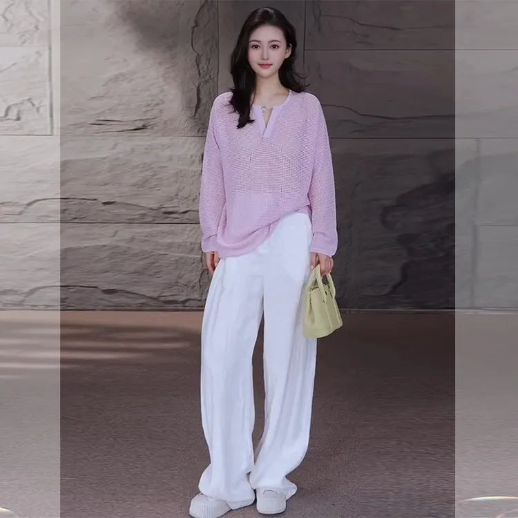 2025新款早秋女装休闲温柔风韩系甜美粉色针织T恤休闲阔腿裤套装