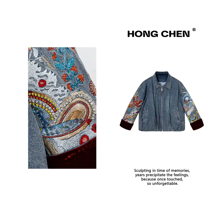 【虹辰·蝴蝶牛仔】高端时尚复古钉珠优雅丝绒独特高级感外套-HC2806