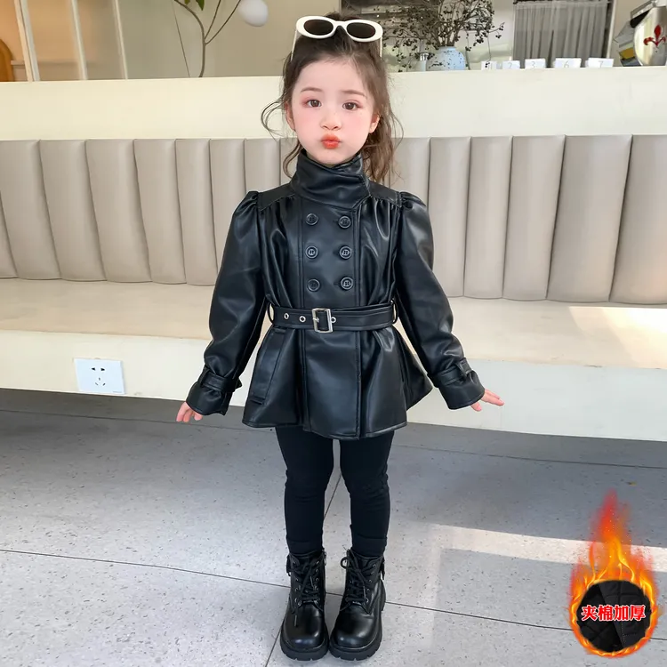 女童加绒皮衣外套秋冬季2025新款洋气儿童收腰皮风衣女宝宝中长款