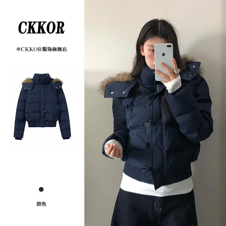 CKKOR美式复古连帽毛领棉服外套女冬季新款加厚短款面包服棉袄女 
