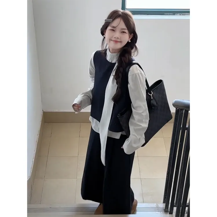 MARIE.COCO秋季新款韩系马甲背心叠穿飘带衬衫上衣阔腿休闲裤套装