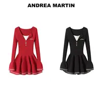 ANDREA MARTIN2025新款学院风假两件V领针织长袖连衣裙女修身显瘦
