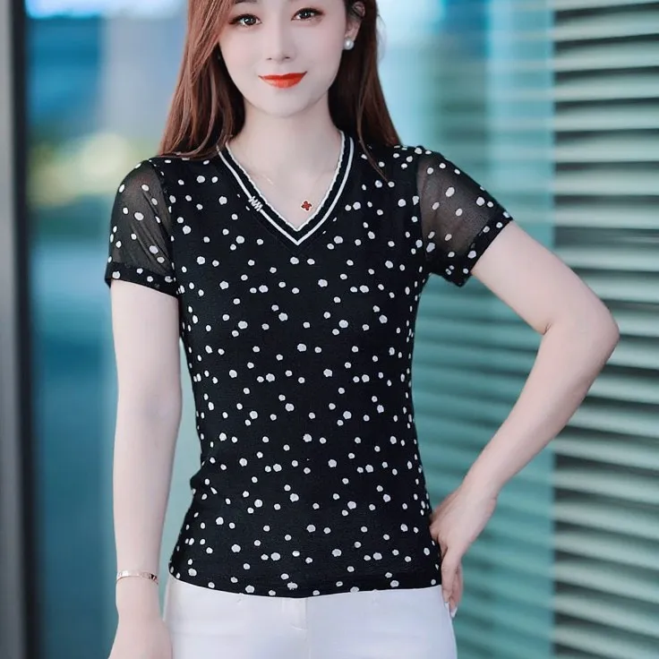夏季V领波点印花气质t恤洋气小衫修身显瘦短袖女士上衣网纱打底衫
