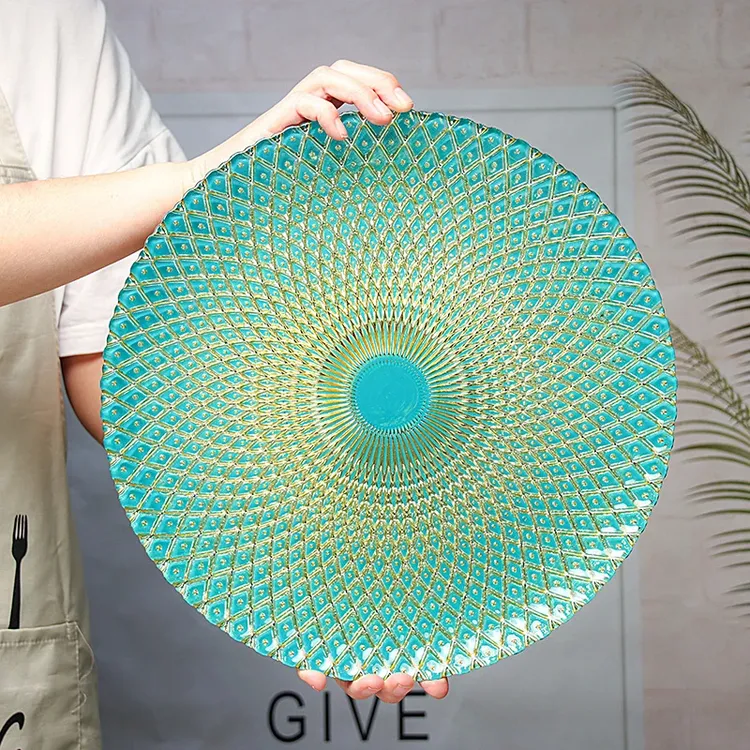 孔雀盘水果盘网红玻璃菠萝纹电镀客厅家用糖果礼盘摆盘牛排盘简约