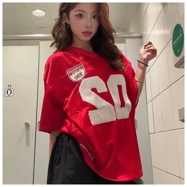 球服短袖夏季数字徽章刺绣宽松显瘦球衣运动风短袖T恤W6012