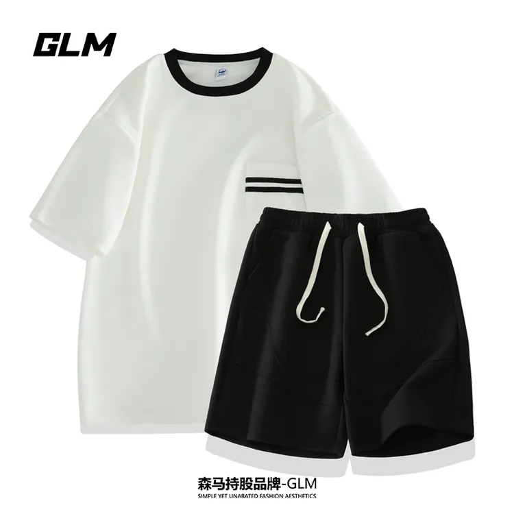 【时尚套装】GLM潮流情侣男士简约短袖上衣服运动宽松五分休闲短裤