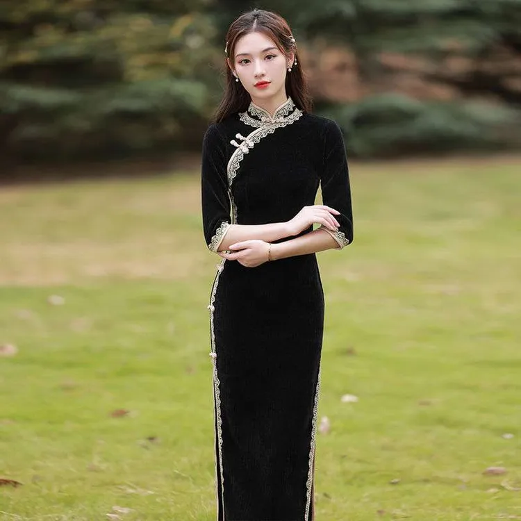 画报夫人灯芯绒老上海纯黑色长袖修身旗袍裙年轻长款复古中国民国