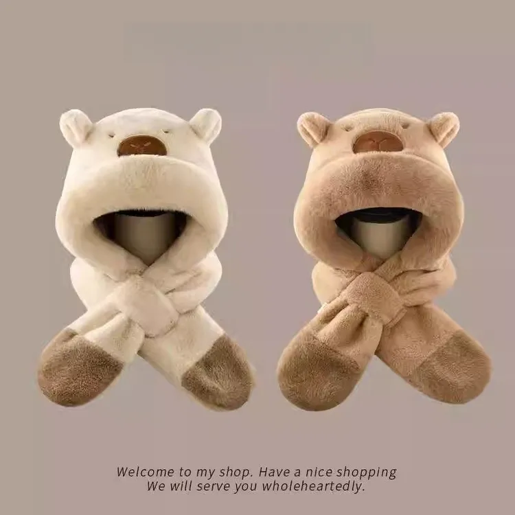 2025新款儿童帽子围巾一体冬季宝宝护耳卡皮巴拉毛绒帽男女童