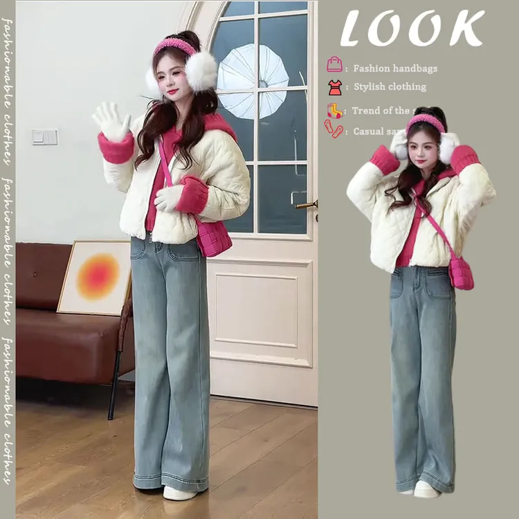 入冬穿搭一整套女装2025年韩系高级感棉服外套毛衣牛仔裤三件套潮
