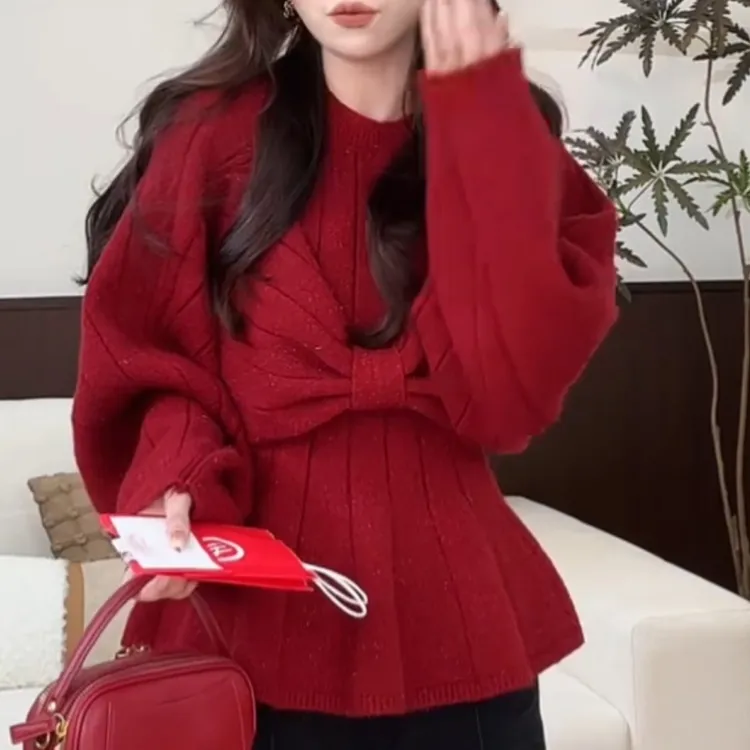 新款法式细闪鱼尾摆背心女搭蝴蝶结设计感毛衣两件套LK2508613