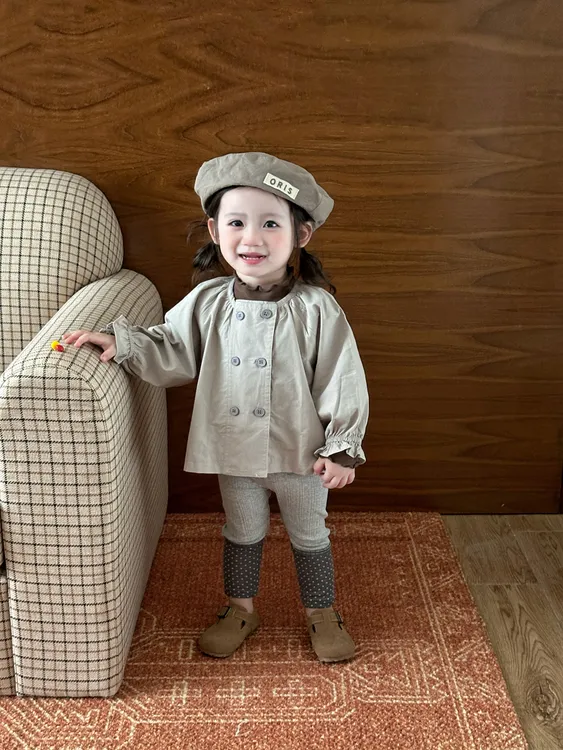 女童2025秋季新款套装女宝宝洋气双排扣外套波点拼接打底裤两件套