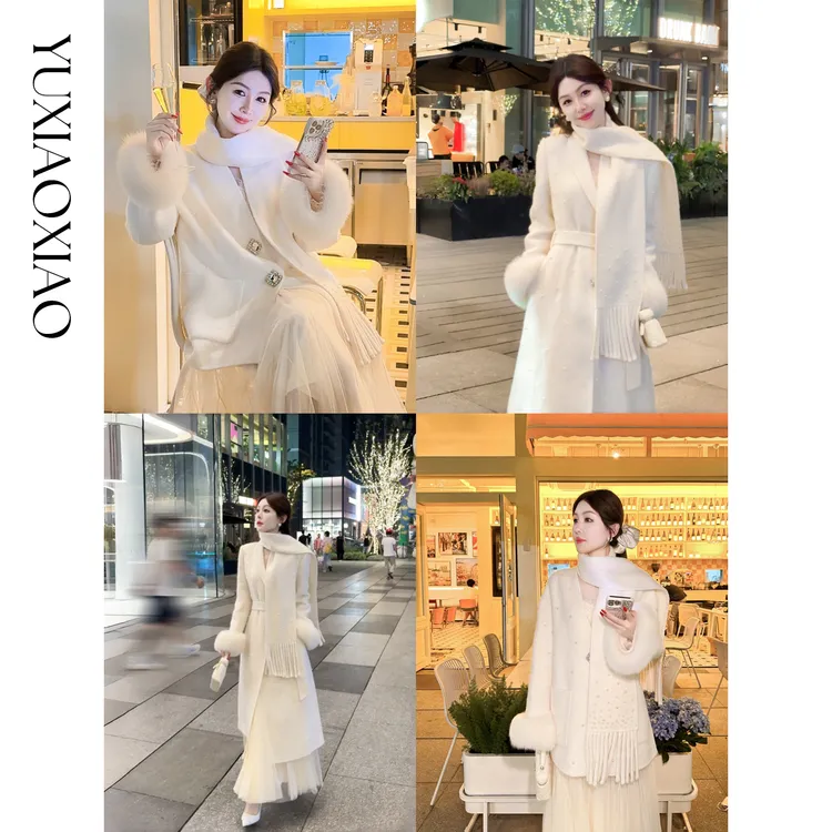 余潇潇【德鲁纳月光】羊驼毛羊毛可拆卸狐狸毛袖V领中长&翻领长大衣