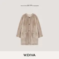 W.Diva【素绘】澳洲进口美利奴羊皮毛一体无领长款大衣54C093335