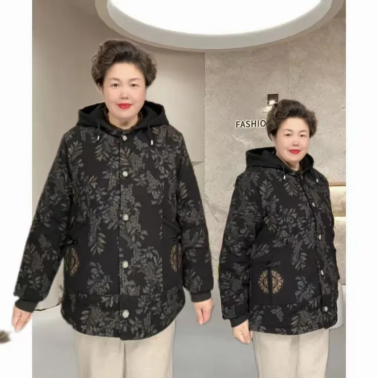 冬季特大码加厚加绒连帽休闲中老年女装秋冬时尚碎花宽松保暖棉服